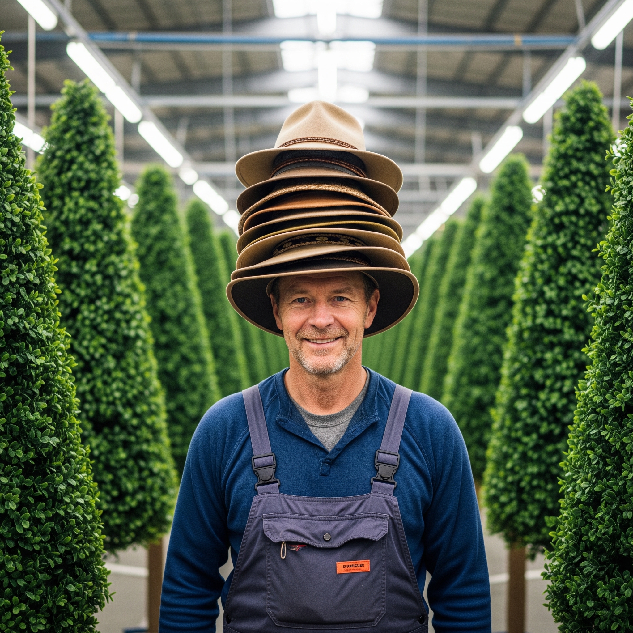 A business owner standing in a nursery, literally wearing a tall stack of about 15 different hats.